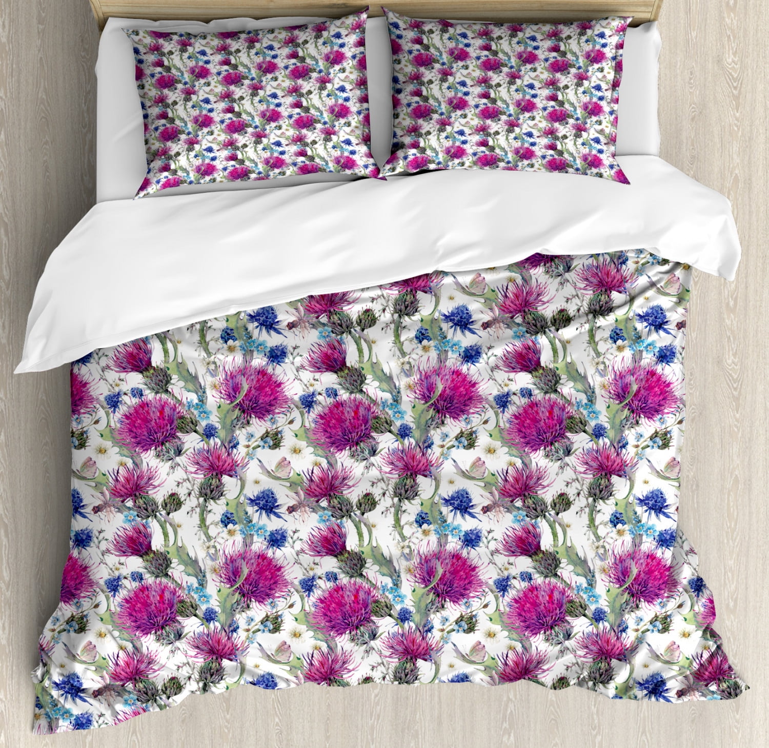 Thistle King Size Duvet Cover Set, Colorful Thistles Chamomiles and