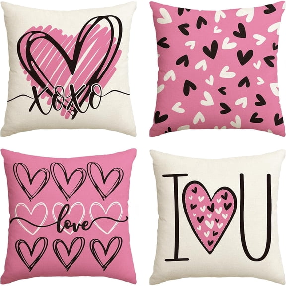 I Love U XOXO Valentine Hearts Pink Throw Pillow Covers, 16 x 16 Inch Love Wedding Cushion Case Decoration for Sofa Couch Set of 4