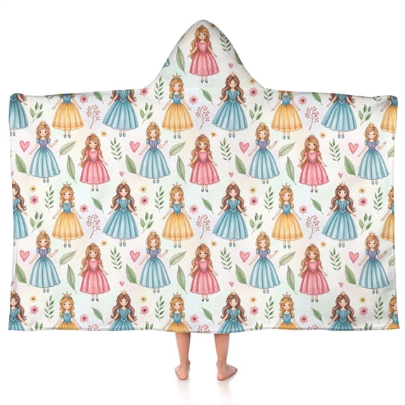 White Princess & Leaf Pattern Hooded Bath Towel，50"x30" for Ages 3 To 12 Kids, Quick Dry Lightweight Soft Microfiber Hood Beach Towel Cover Up for Kids