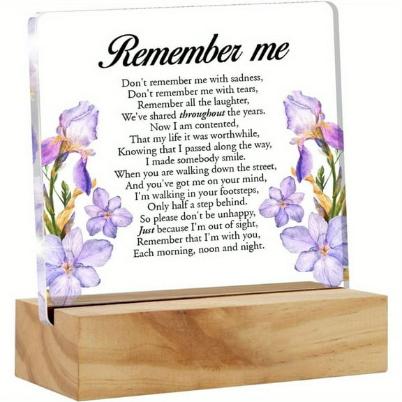 Acrylic Memorial Plaque With Wooden Base - "Remember Me" Poem With Purple Flowers Sympathy Gift For Loss Of Loved One Unfinished Floral Desk Decor Perfect Bereavement Present Memorial Keepsak