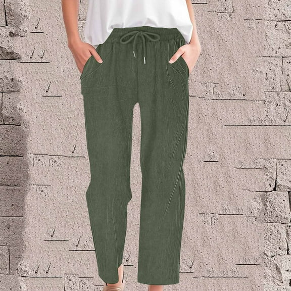 Qulqfy Women's Corduroy Pants Lounge Cotton Wide Leg Drawstring Casual Comfort Green Pants L