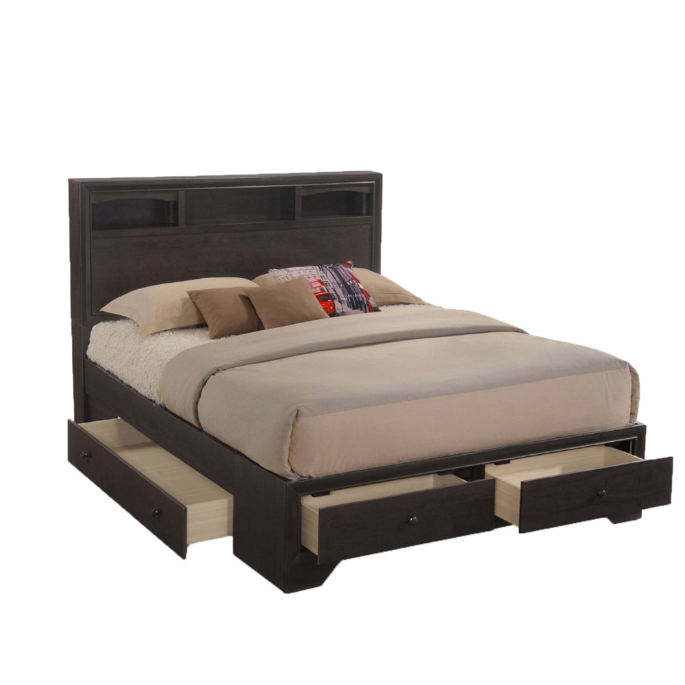 Eastern King Bed with Bookcase Headboard and 4 Drawers, Dark Brown