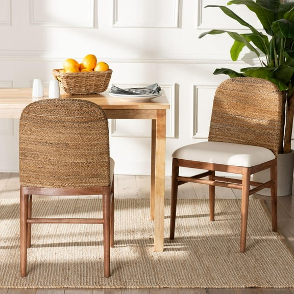 bali & pari Nadim Acacia Wood and Seagrass BOHO Dining Chairs, Set of 2, Natural Seagrass