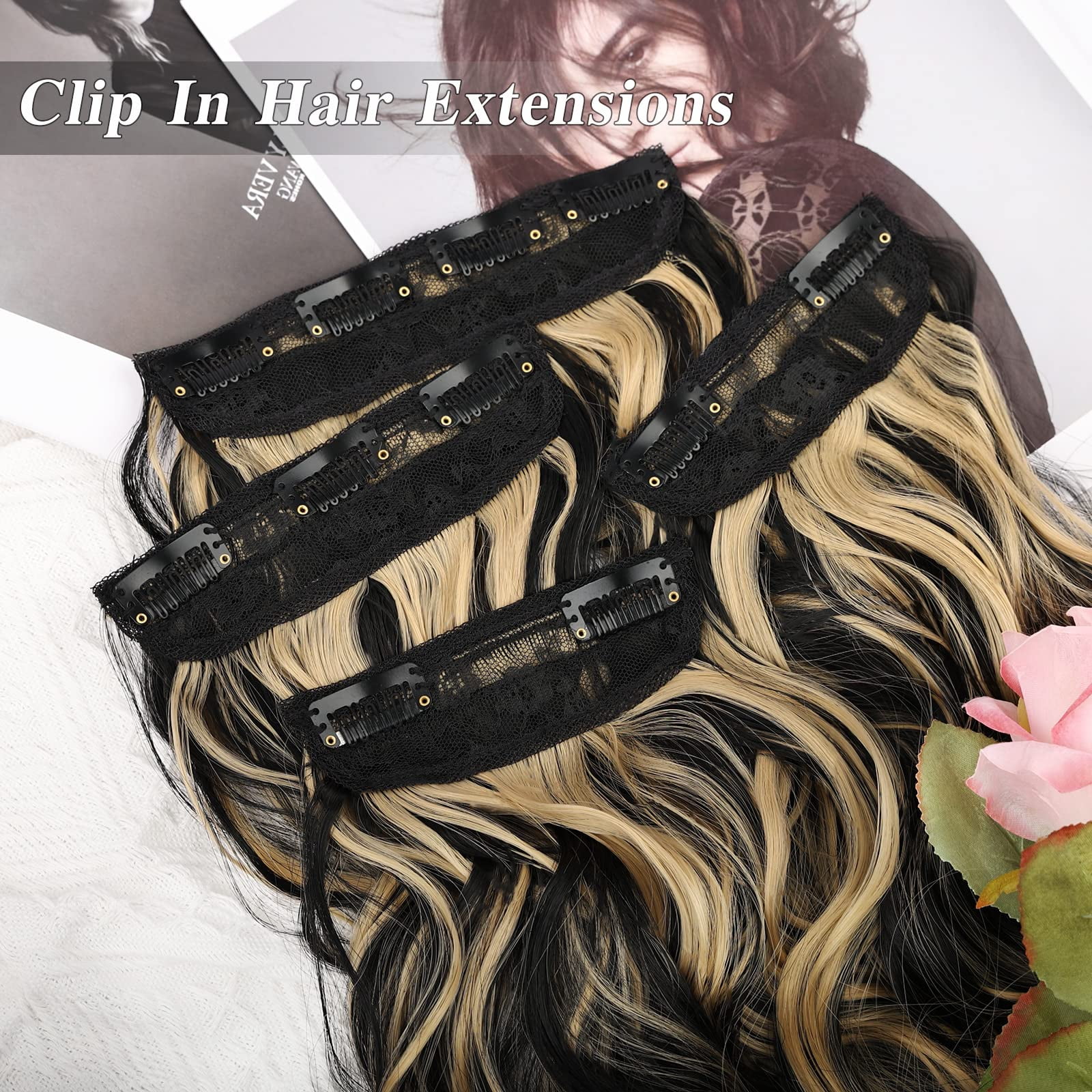 MORICA Clip in Hair Extension 20 Inch 6PCS Natural Long Wavy Curly Hairpieces for Women Thick Synthetic Fiber Double Weft Hair Full Head
