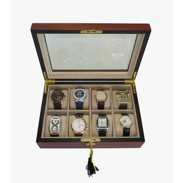8 Cherry Wood Watch Box Display Case Collection Jewelry Box Storage Glass  Top for 8 Oversized Watches up to 60 mm