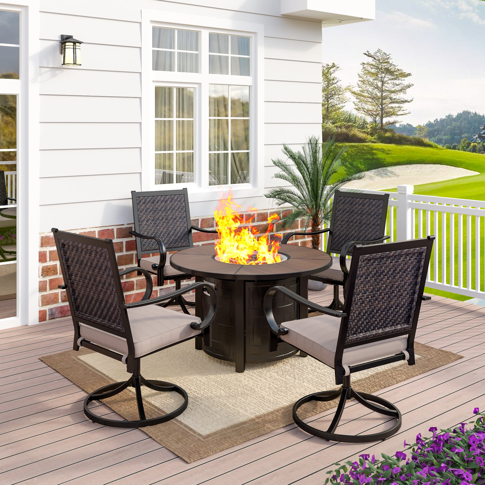 MF Studio 5 Pieces Patio Dinning Set with 50,000 BTU Gas Fire Pit Table and 4 Rattan Cushioned Swivel Chairs