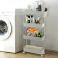 thumbnail image 3 of VECELO 4-Tier Rolling Utility Cart with Lockable Caster Wheels, Extra Hanging Cups and Hooks, Storage Shelves Organizer Cart for Living Room Bathroom Kitchen Office, White, 3 of 9