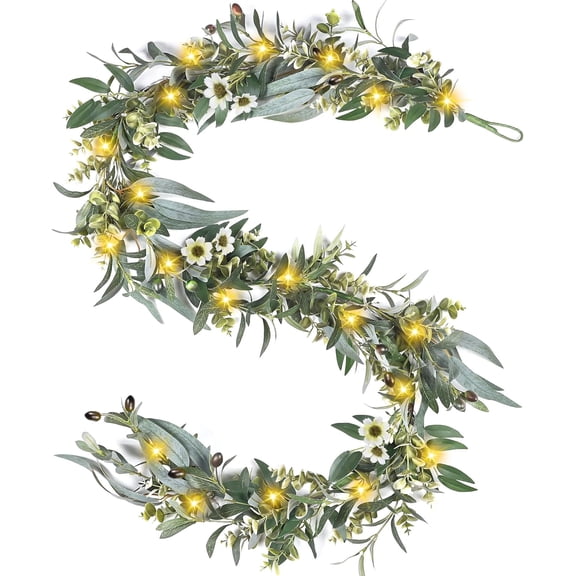 SX Olive Garland with Lights - 6 Ft Eucalyptus Garland with Timer 30 Fairy Lights, Artificial Greenery Olive Leaf Vine Garlands for Indoor Outdoor Wedding Arch Backdrop Table Spring/Summer Decor