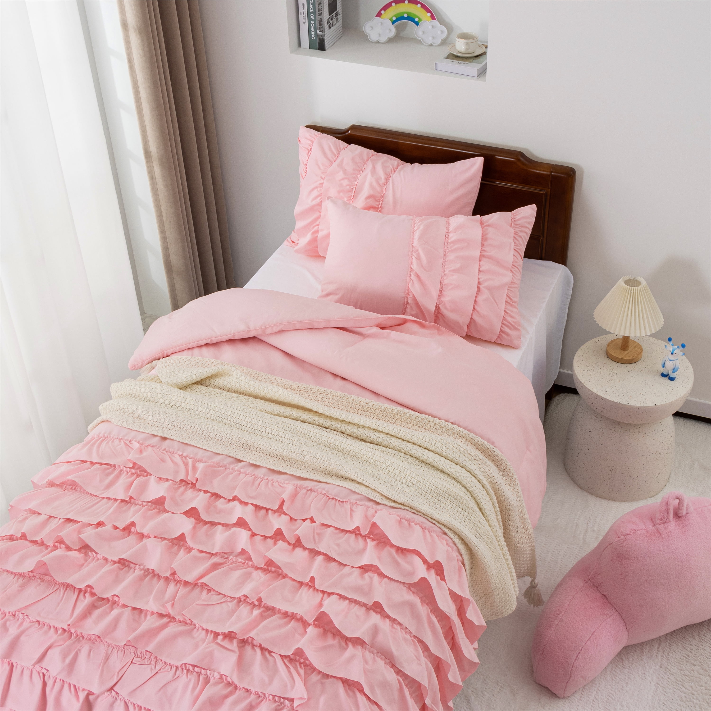 Btargot 3PC Waterfall Ruffled Princess Comforter Set Twin Soft Chic Bedding Set for Kids Girls Pink