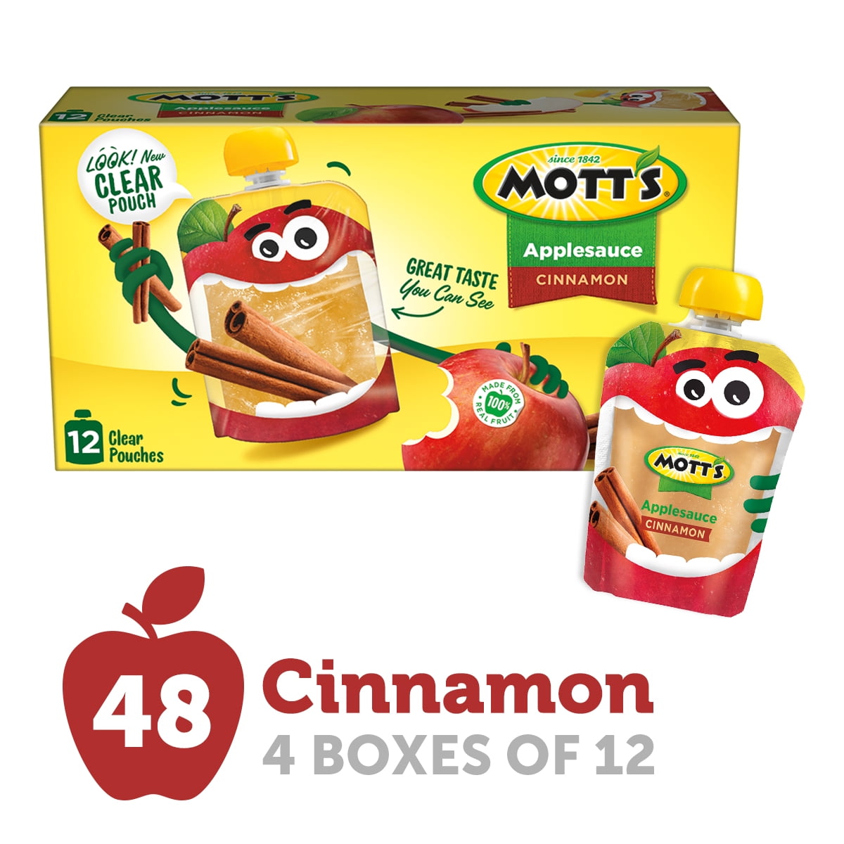 Mott's Cinnamon Applesauce, 3.2 oz, 48 Count Clear Pouches (4 Packs of 12)