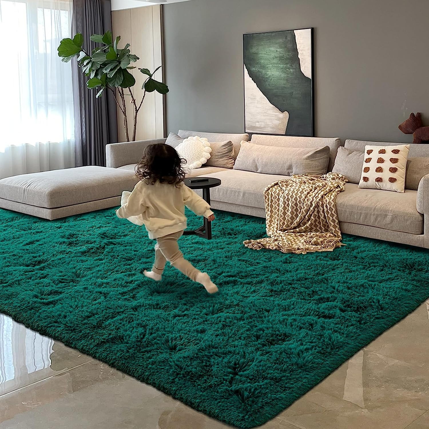 Junovo Super Soft Fluffy Area Rugs Modern Shag Rug for Bedroom Living Room,Cute Carpets for Kids Nursery Girls Home Dorm,5'x8',Aqua Green