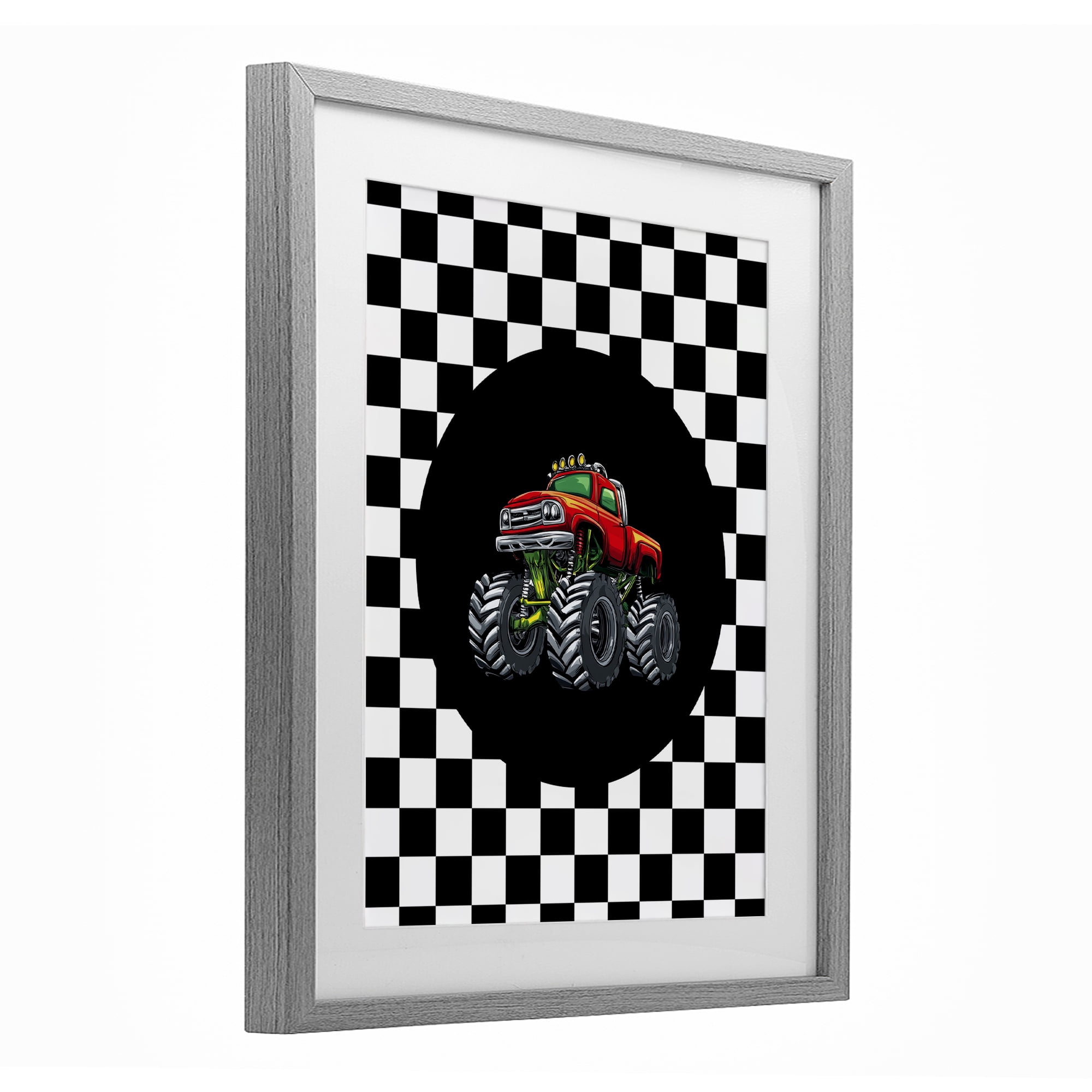Monster Truck Dude Gray Framed Print Under Glass, design by Kim Allen
