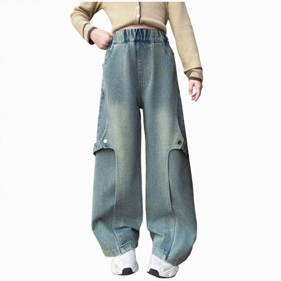 TOWED22 Girls Straight Leg Denim Pants with Pockets Baggy Fit Jeans Elastic Waist Casual Mint Green,11-12 Y