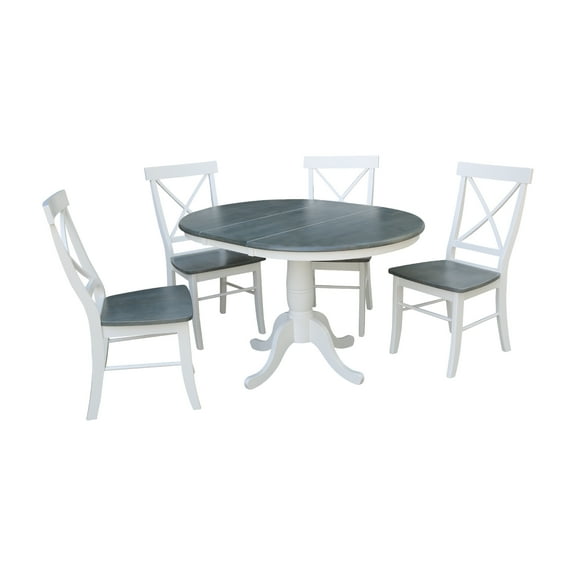 International Concepts Solid Wood 5-Piece Dining Set with 36 in. Round Extension Dining Table and 4 Cross Back Chairs in White/Heather Gray