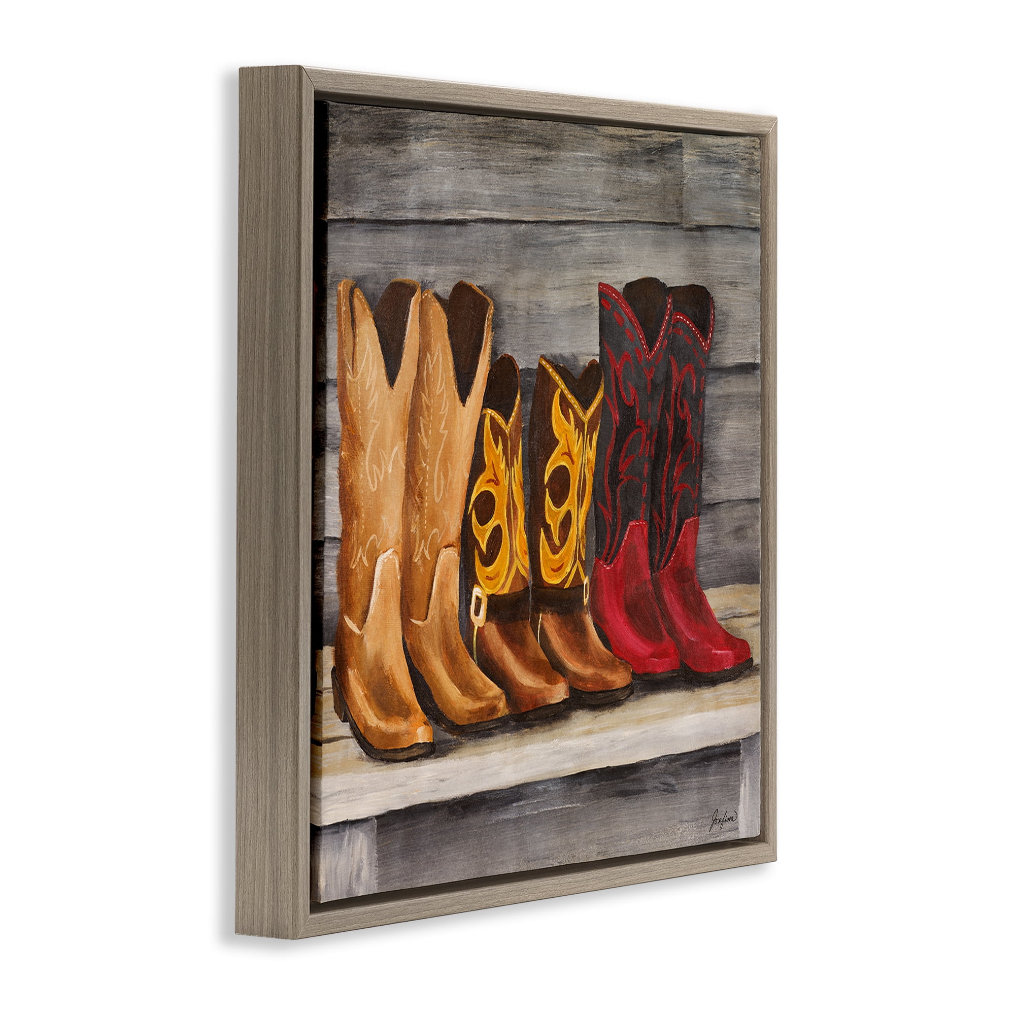 Stupell Industries Lined Up Cowboy Boots Entertainment Painting Brown Floater Framed Canvas Art Print Wall Art, 25 x 25