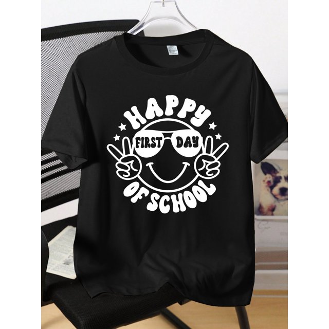 Kids' First of School T-Shirt - Happy First Of School Graphic Tee with Smile Face & Glasses, Soft Stretchy Cotton Shirt for Boys Girls, Machine Washable Back to School Outfit, Playful Design