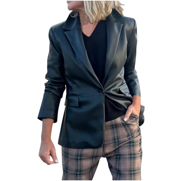 HTNBO Womens Faux Leather Long Vegan Leather Blazer Black Cool Buttons Jacket