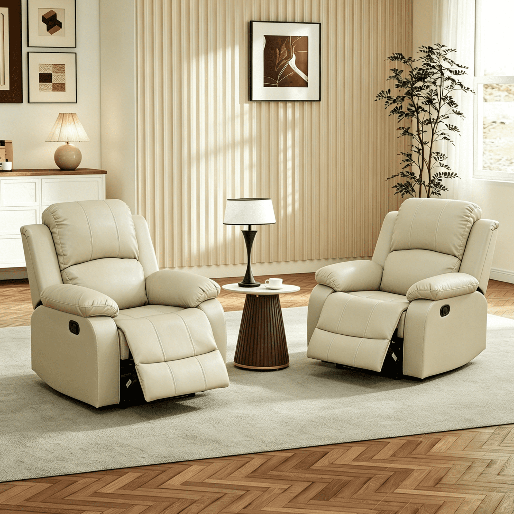 Gewnee PU Manual Recliner Chair Set of 2,Single Sofa Recliners,Adjustable Backrest,Comfort Lazy Chair for Living Room,Bedroom.Beige