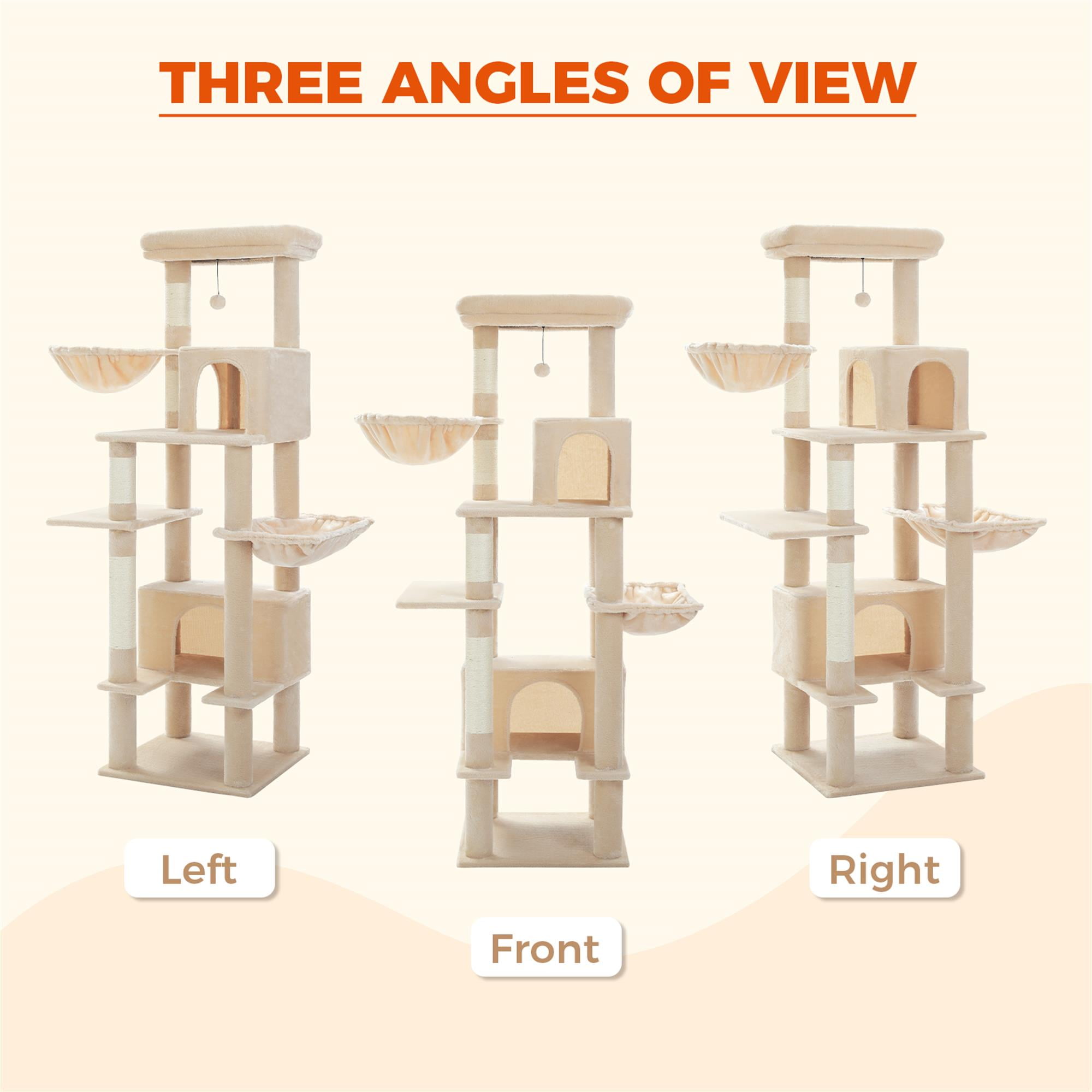 Kadyn 66" Cat Tree Tower for Big Cats, Cat Tree House Furniture with Hammock, Indoor Cat Condo for Adult Cats, Beige