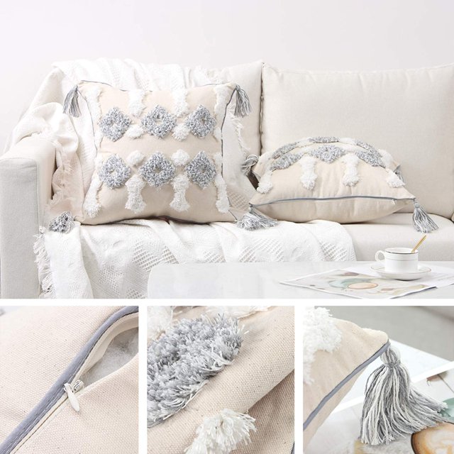 Funda de cojín 45x45 Algodón geométrico Decoración Funda de almohada Cuadrado Boho con flecos 2 piezas Funda de cojín para el hogar Sofá Sala de estar Dormitorio Cama Oficina Coche - Gris ShuxiuWang 8390614276253
