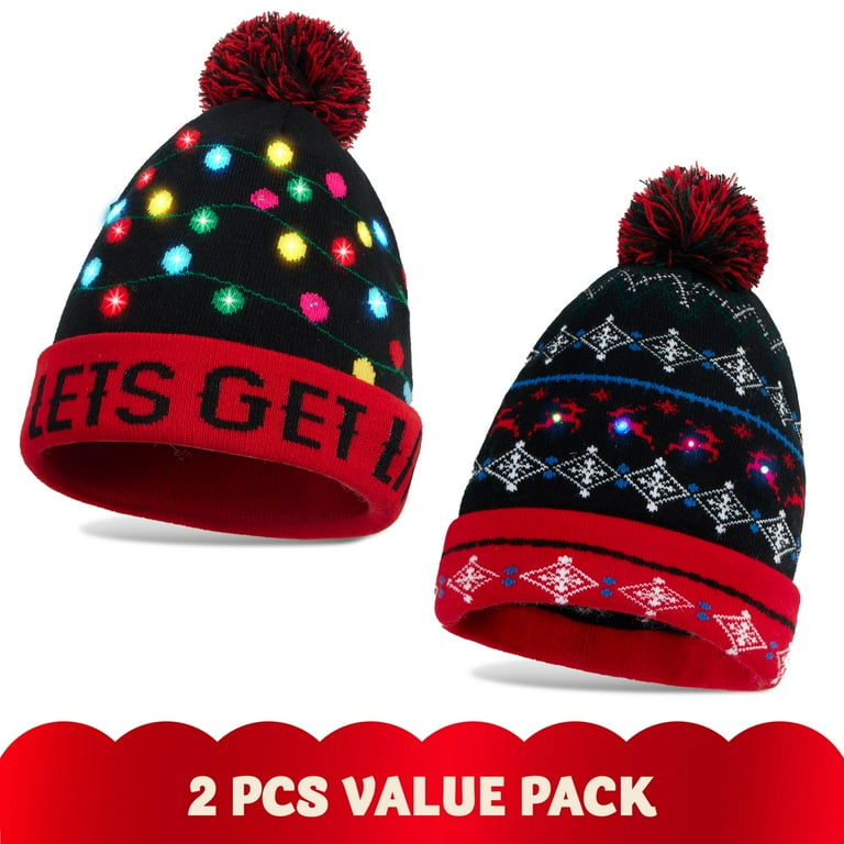 JOYIN 2 Pack LED Light up Christmas Hat Unisex Knitted Beanie Ugly