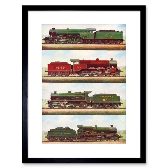 Transport Red Green Four Train Engine Locomotives Vintage Illustration Artwork Framed Wall Art Print 12X16 Inch