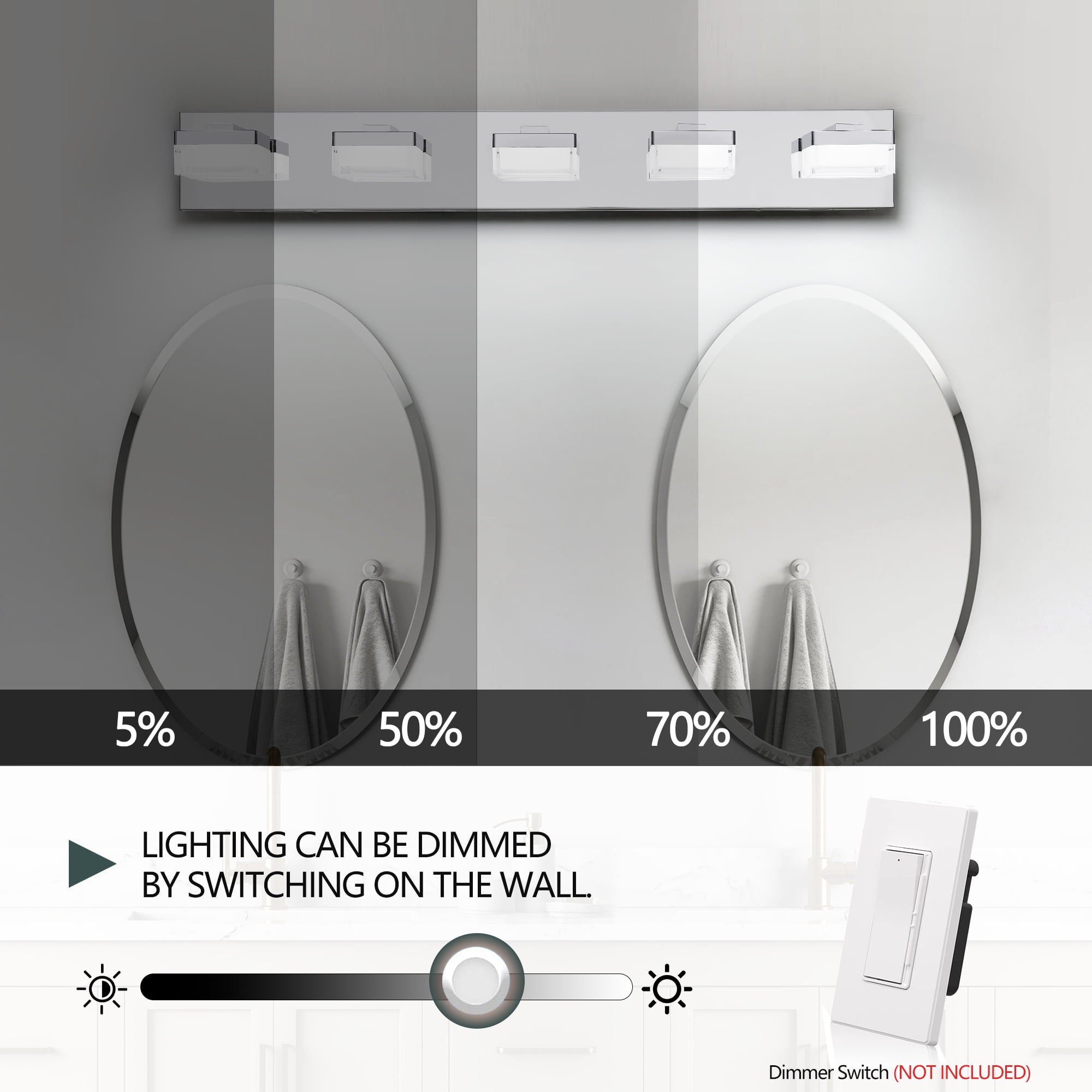 5 Light LED Modern Bathroom Lighting Fixtures Over Mirror 31.5in Dimmable Bathroom Vanity Light Fixture Chrome