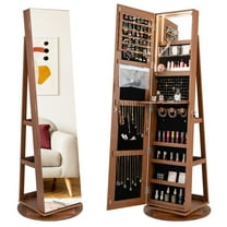 Giantex 360° Swivel Jewelry Cabinet, Lockable Jewelry Armoire w/Full-Length Mirror & 3-Color LED Lights, Freestanding Jewelry Organizer w/Inside Mirror, Foldable Shelf, Brown