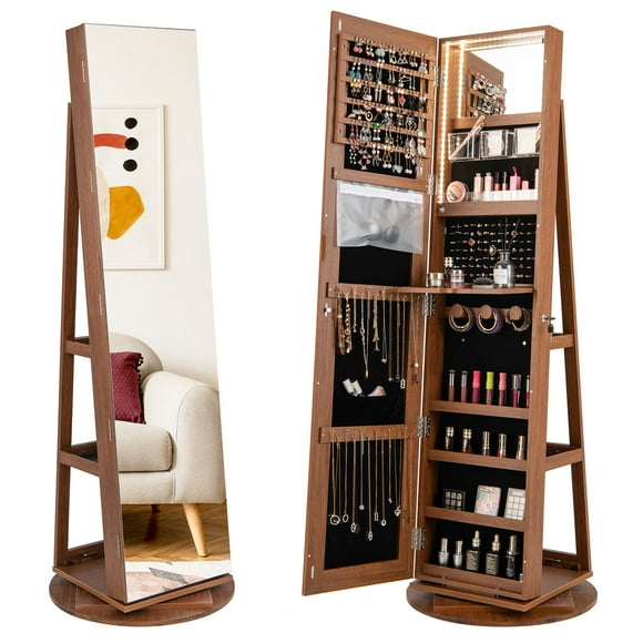 Giantex 360° Swivel Jewelry Cabinet, Lockable Jewelry Armoire w/Full-Length Mirror & 3-Color LED Lights, Freestanding Jewelry Organizer w/Inside Mirror, Foldable Shelf, Brown