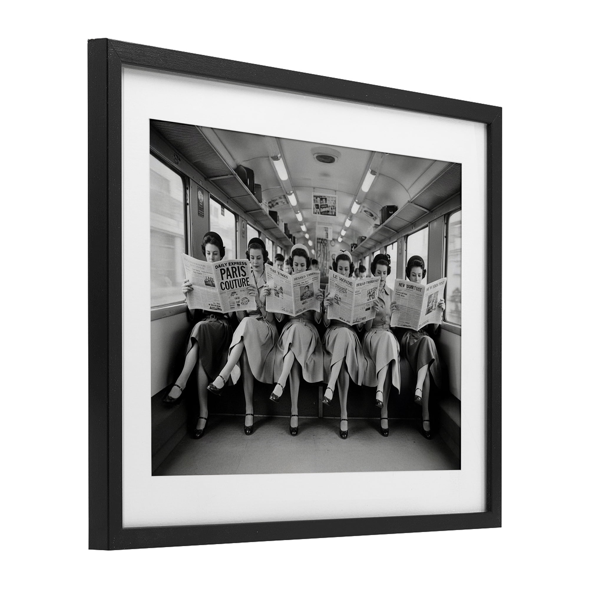 Stupell Industries Newsprint Ladies on Train Black Framed Print Under Glass, design by A Barefoot Stylist