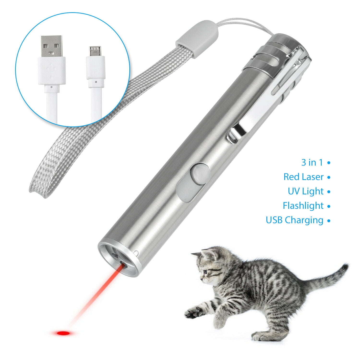 USB 3 in 1 Cat Pet Toy Rechargeable Super Laser Pointer Red UV Flashlight 