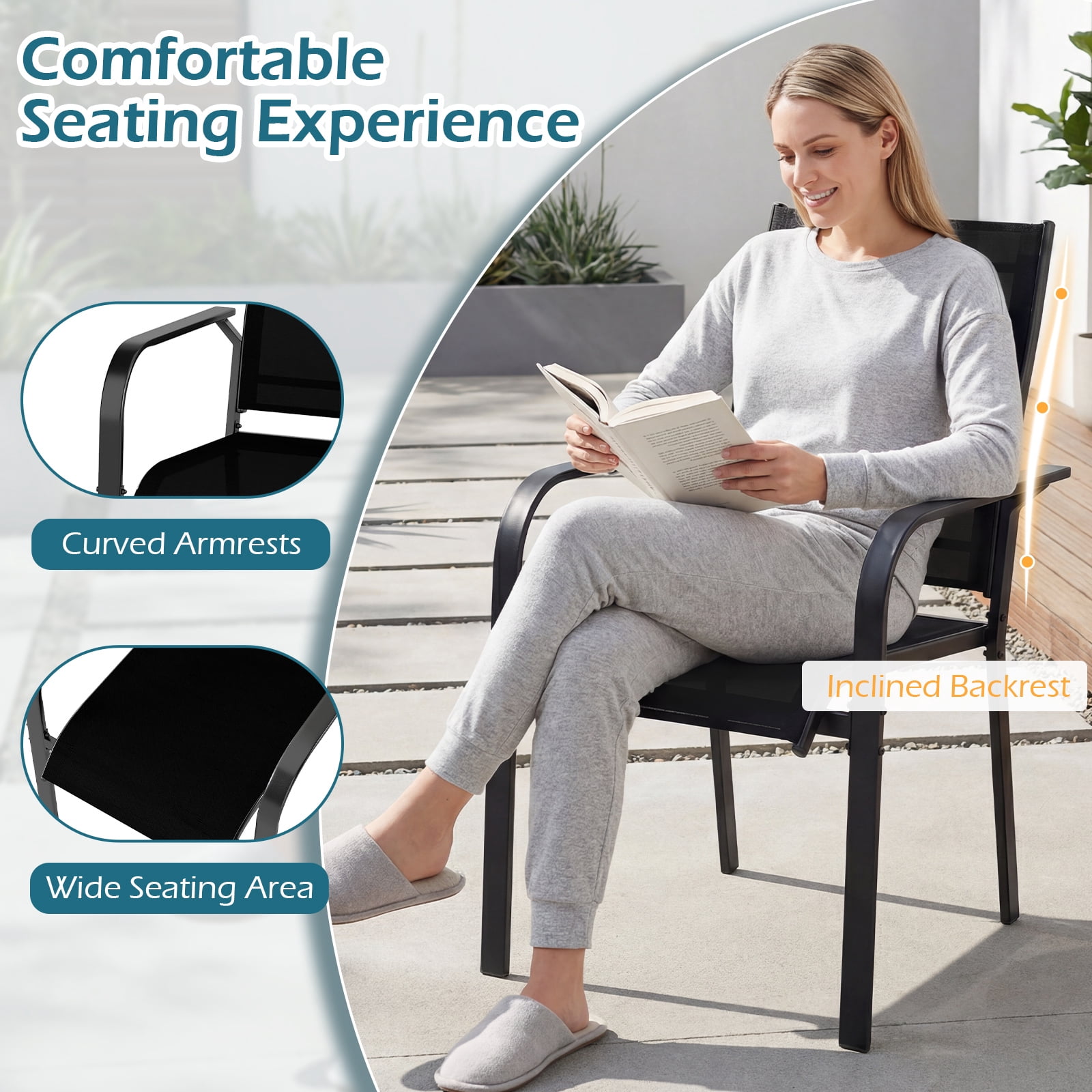 Gymax Patio Dining Chairs Set of 6 w/Metal Frame Breathable Mesh Fabric Backrest
