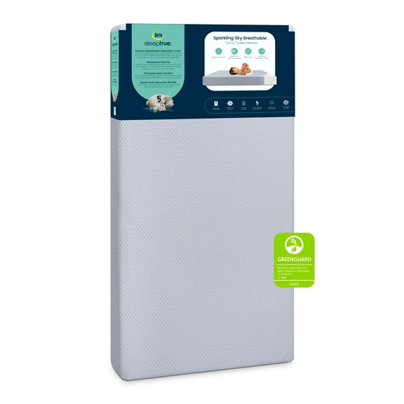 Serta SleepTrue Sparkling Sky Breathable Baby Bed Crib Mattress and Toddler Mattress with Removable/Machine Washable Cover - GREENGUARD Gold – Waterproof - Sustainably Sourced Core Fiber Core, Blue