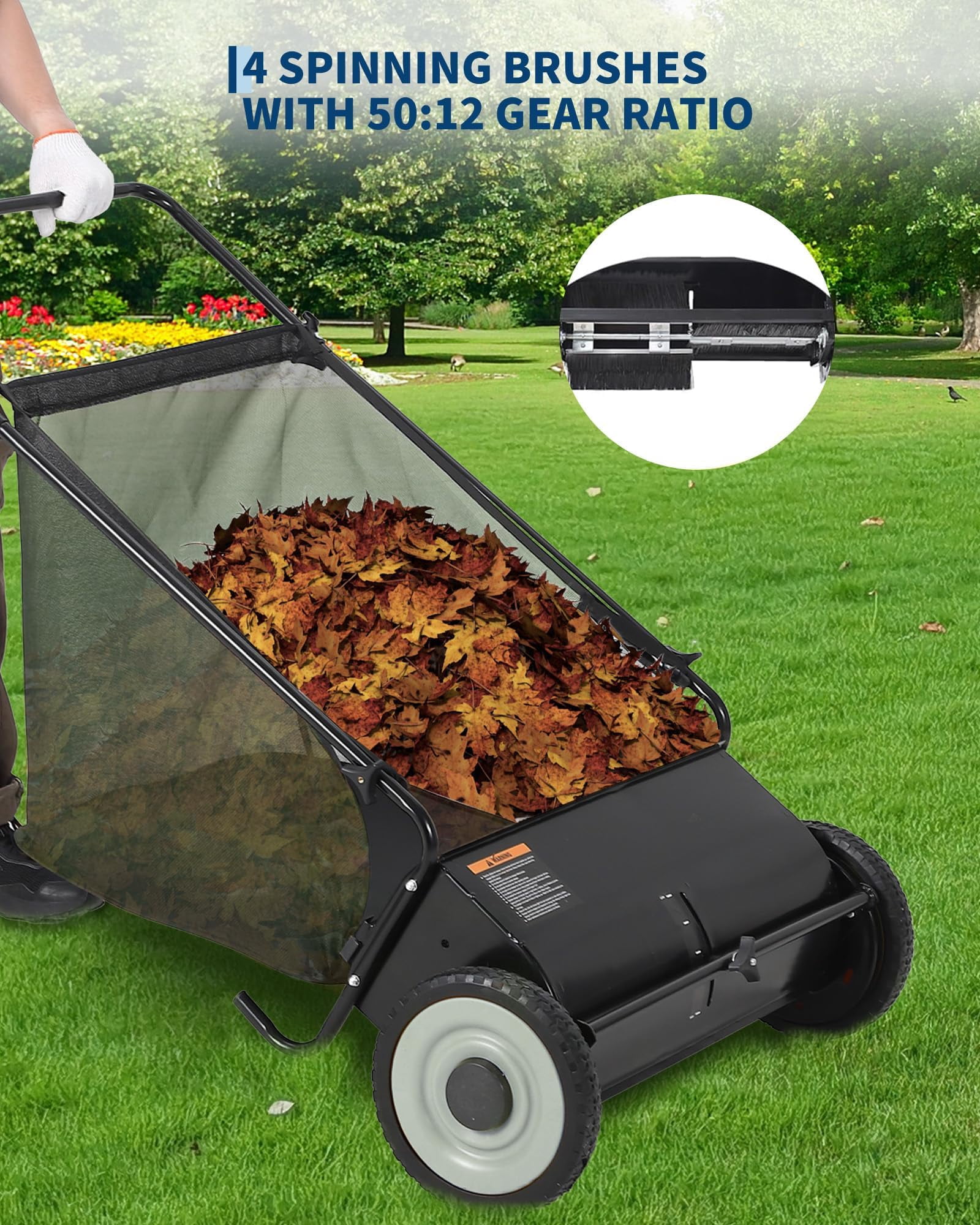 Accreate Efficient Yard Cleanup Push Lawn Sweeper – Large Capacity Bag, 4-Spinning Brush System, Adjustable Height, Heavy-Duty Steel Frame, Ideal for Lawn, Garden, Grass
