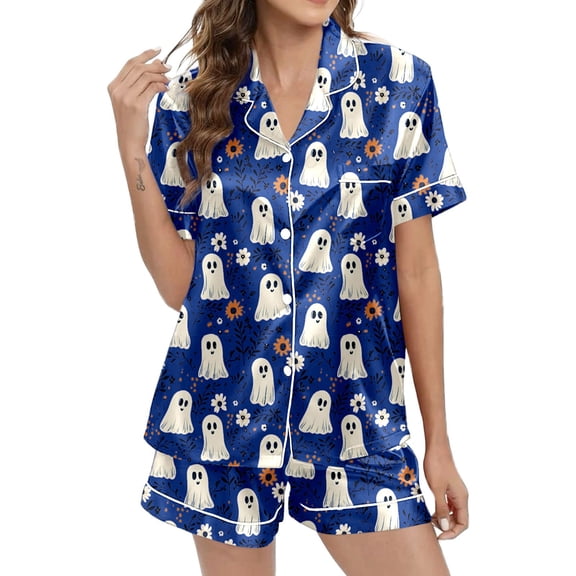 Halloween Womens Outfits Set Ghost Floral Print Lapel Button Down Short Sleeve Shirt And Shorts 2 Piece Sets Loungewear