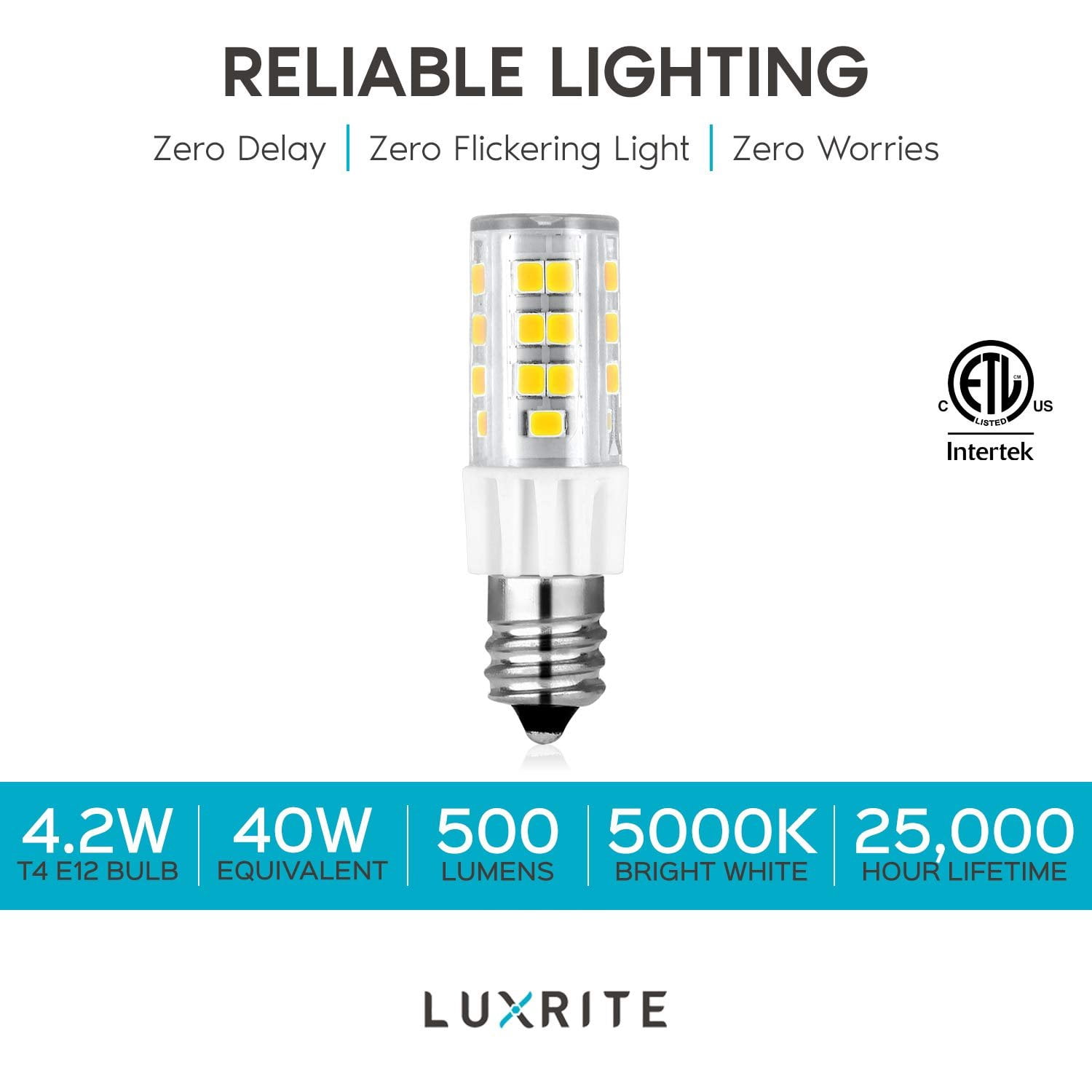 Luxrite Mini Candelabra E12 LED Bulb, T4/T3, 40W Equivalent, 5000K Bright White, Dimmable, 500 Lumens, ETL Listed 6-Pack
