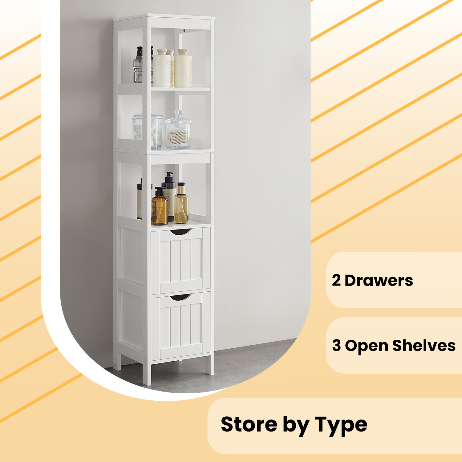 LEDREM Storage Cabinet with 2 Drawers and Open Shelf, Multifunctional Freestanding Corner Storage Rack for Bathroom, Living Room, Bedroom, White