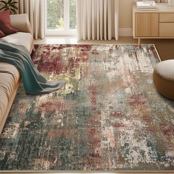 Washable 5' x 7' Abstract Area Rug Rustic Brown Non-Slip Low-Pile Stain-Resistant