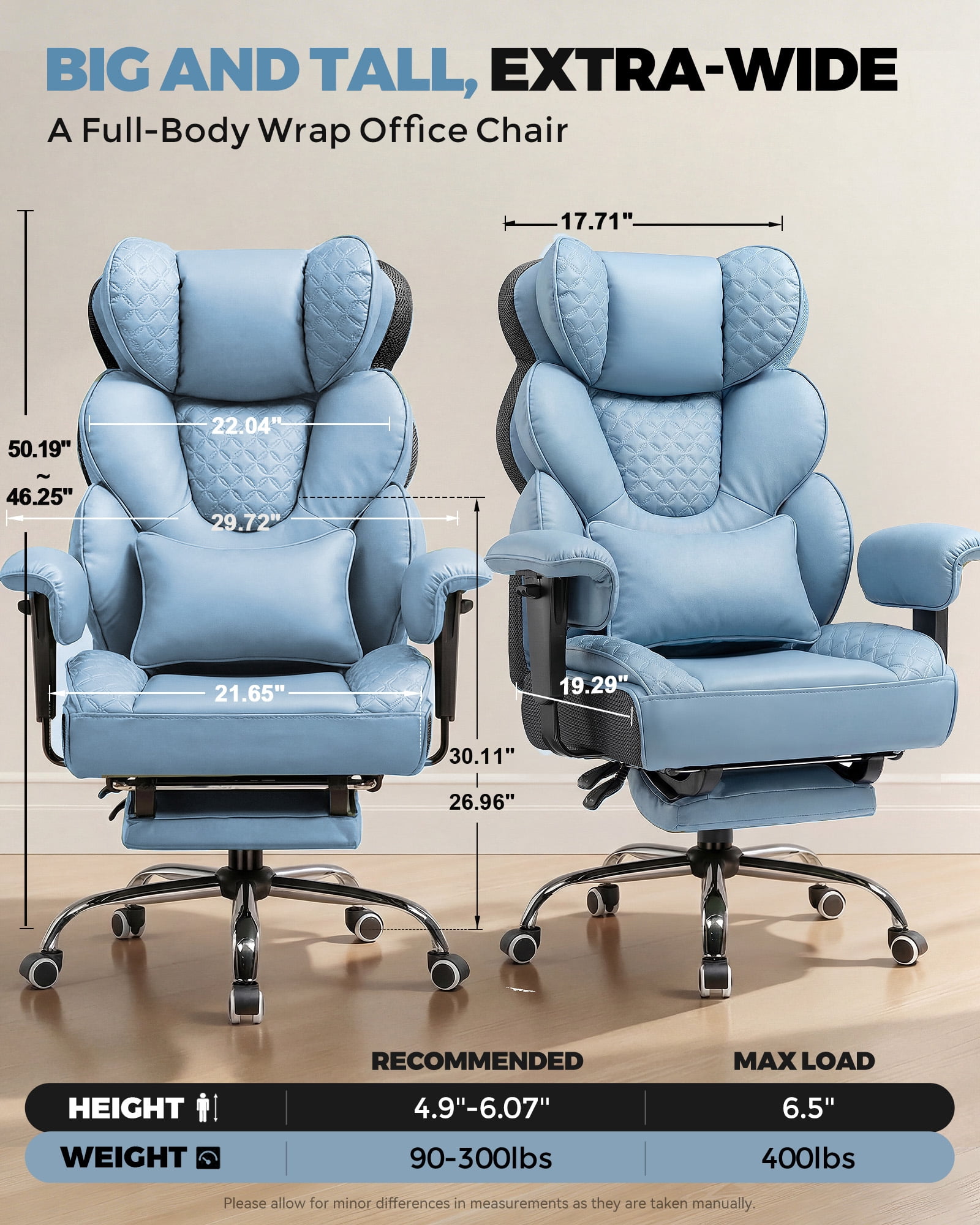 CloudRest Pro 400lbs Executive heavy duty office chair, High Back Ergonomic Computer Desk Chair with Lumbar Back Support,Blue