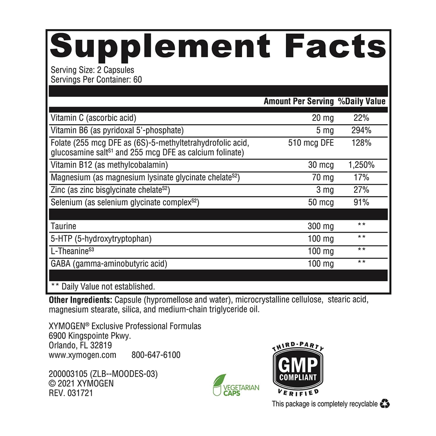 XYMOGEN Mood Food ES - Supports Relaxation & Healthy Mindset - Active Folate & L-Theanine - Vegetarian, Non-GMO & Gluten Free - 120 Capsules