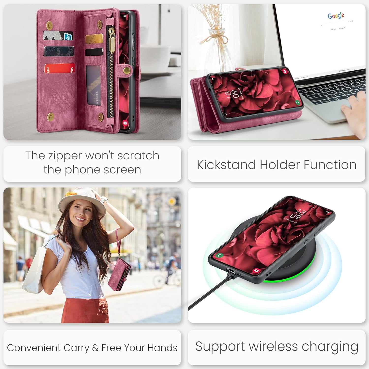 Phone Case for Samsung Galaxy S24 5G Zipper Wallet Detachable Cover with Tempered Glass Screen Protector and Leather Flip Credit Card Holder Cell Accessories S 24 24S GS24 G5 Women Men Red