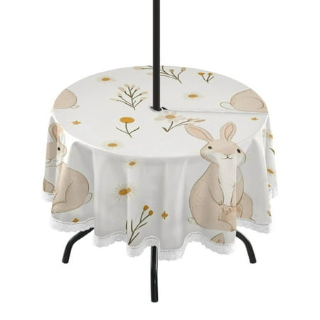 

60 Outdoor Round Tablecloth with Umbrella Hole & White Lace Trim Waterproof Patio Table Cover for Garden Kitchen Dining Beige Bunnies