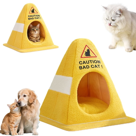 Caution Bad Cat Bed, Pet Tent House, Ongmies 2026 Funny Soft Fleece Cozy Zipper Pet House with Detachable Inner Padding, Non-Slip Bottom, for Indoor Cats, Small Dogs