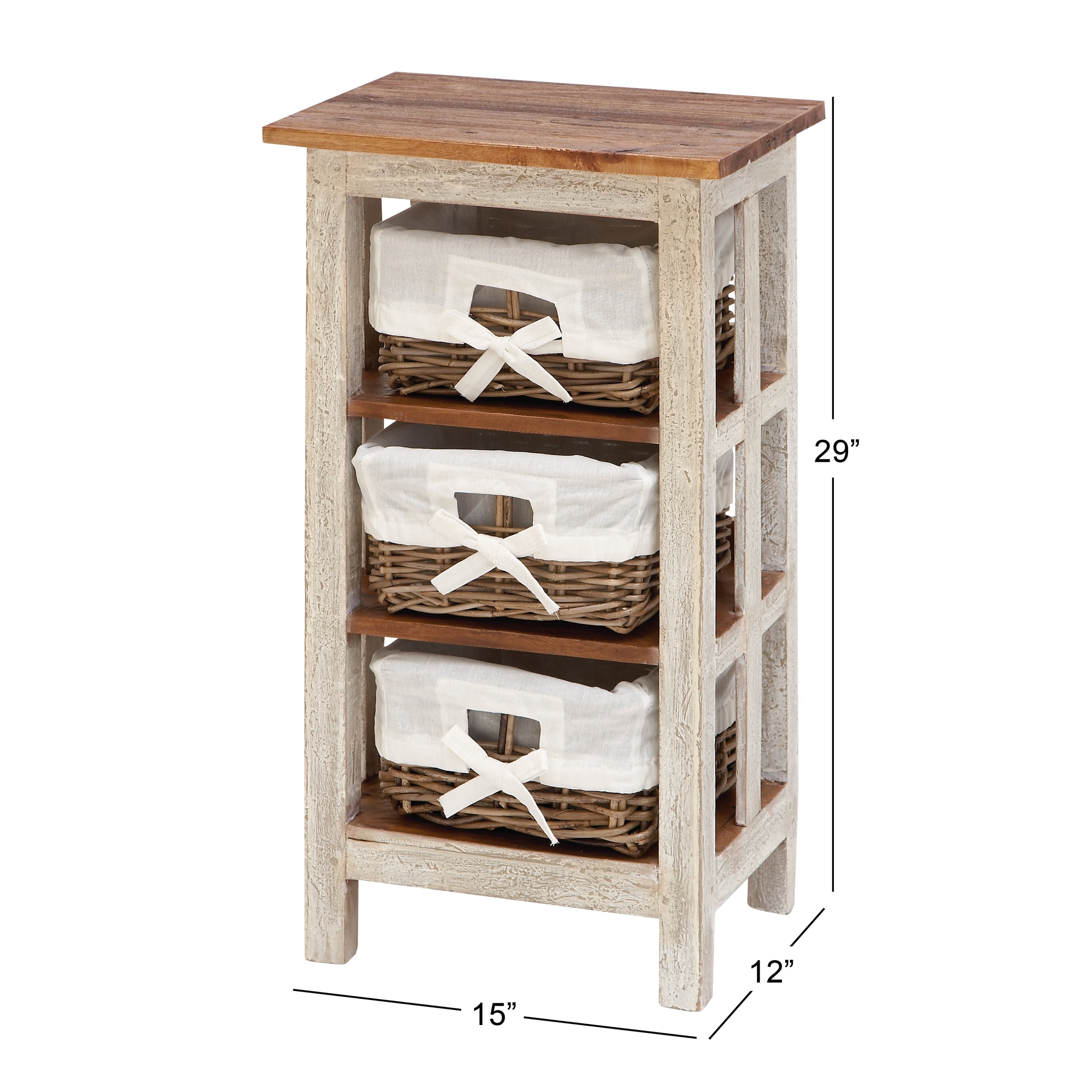 DecMode 15" x 29" White Wood 3 Baskets Storage Unit, 1-Piece