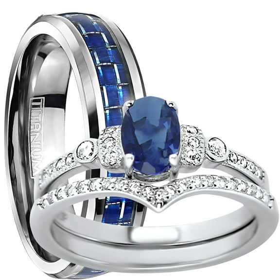 LaRaso & Co His Her Wedding Ring Set Blue Sapphire CZ TRIO Couples Rings 5/9
