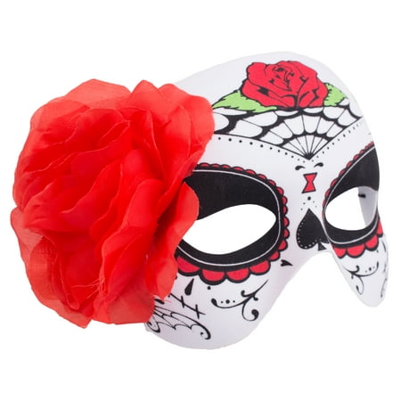 Veil Entertainment Day of The Dead Rose & Webs Half Mask, White Red, One Size