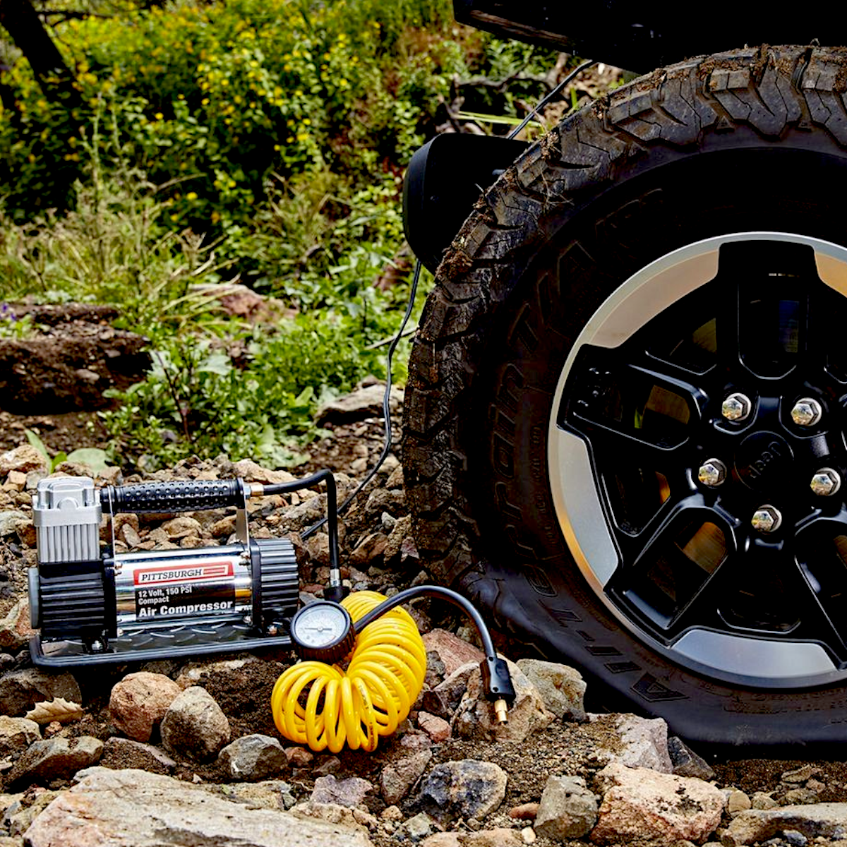 PITTSBURGH 12V 150 PSI Compact Air Compressor with 1.35 CFM Airflow & Overload Protection for Motorcycles, Quads, Cars, and Off-Road Tires.