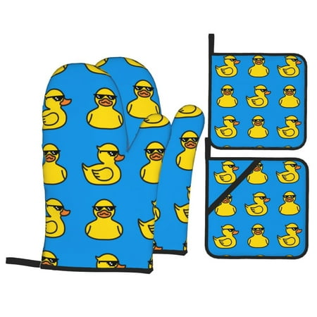 

Oven Mitts and Pot Holders 4 pcs Set Cartoon Cute Duck With Glasses_A Heat Resistant Pot Holders Oven Mitts for kitchen Non-Slip Hanging Loop Oven Glove Potholders for Baking Cooking