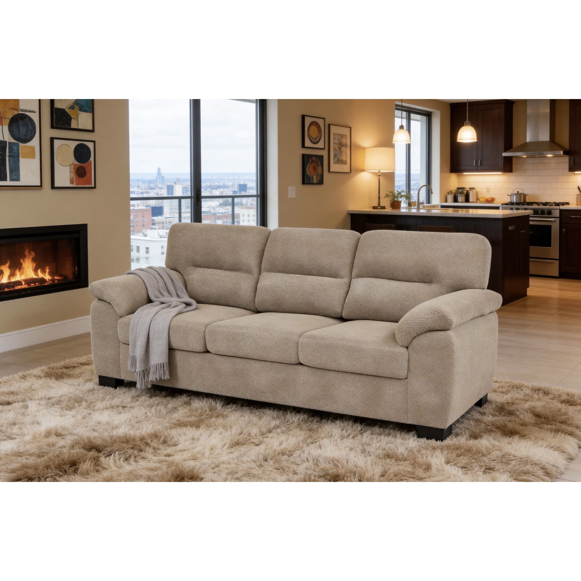 Noble House 81" Modern 3-Seater Sofa, Textured Polyester Upholstery, Pillow Top Arms, Camel