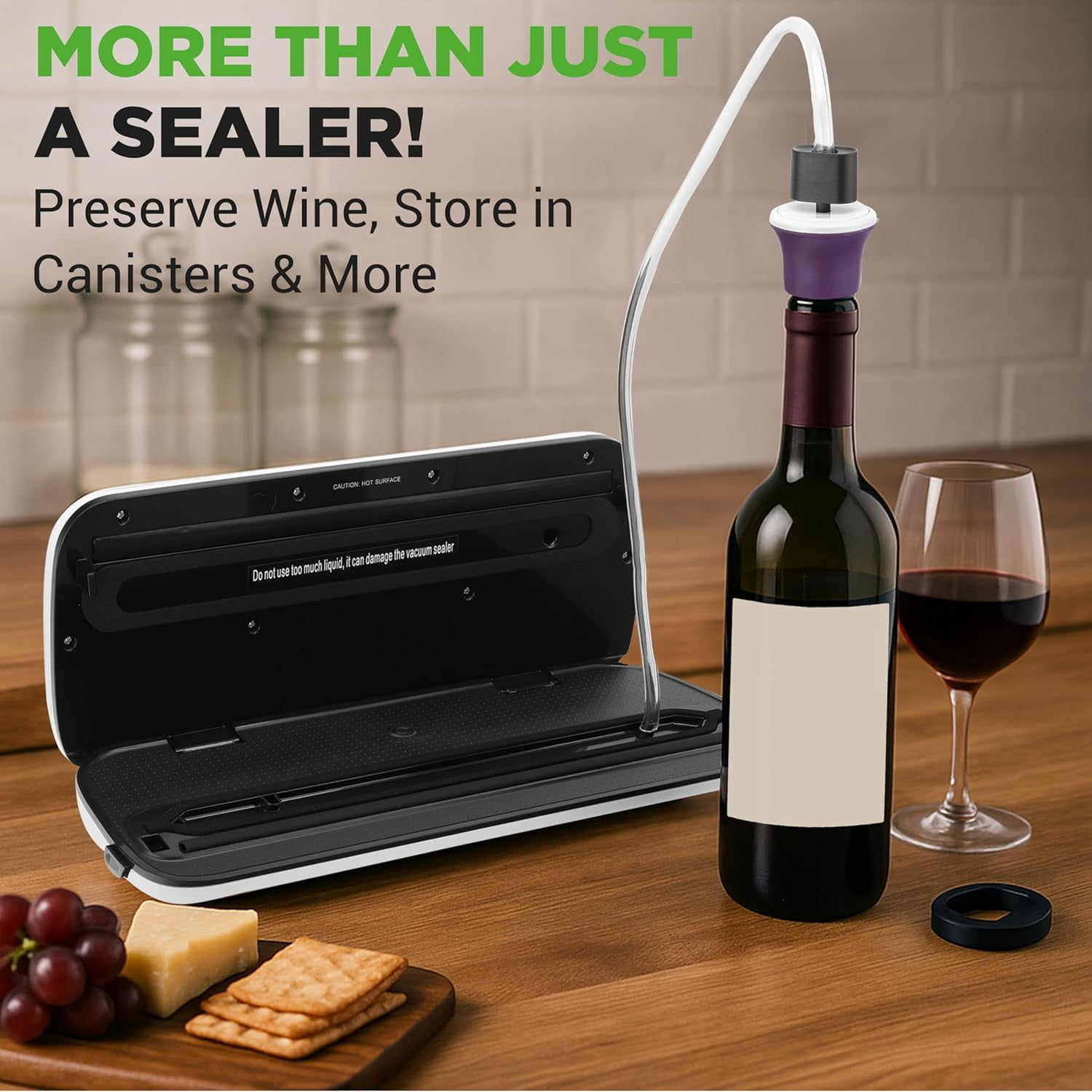 Food Vacuum Sealer Machine - Automatic Air Sealing System for Dry & Moist Foods, LED Touch Controls, Includes Vacuum Bags, Hose & Wine Stopper, High Suction Power, 14"x6"x3", Silver